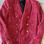 ZARA Red Tweed Double Breasted Blazer – Size Small – Gold Buttons Photo 4
