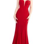 Mac Duggal Bustier Gown Women's 8 Red Strapless Sweetheart Maxi Pooled Train Photo 0
