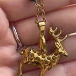 Forest God gold tone deer buck and Jade green beads stones cut out long necklace Photo 2
