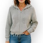 Elan Gray Distressed Zip Up Hoodie Sweater Women’s Small Knit Fringe Hem Photo 0