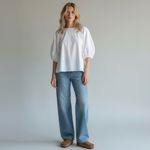 Ann Mashburn White Volume Sleeve Popover Poplin Top Small Minimalist Classic Photo 1