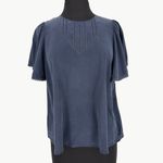 Sézane  Matty Ruffle Silk Short Sleeve Blouse | Sz FR 38 (US 6) | Navy Blue Photo 10