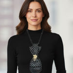 “Dainty Dapper” black Striped Tie Necklace with gold floral brooch Photo 0