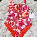ONIA  Floral One Piece Swimsuit Hibiscus Flowers Tie Front L Photo 0