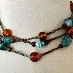 Blue and amber tone long glass beaded necklace Photo 3