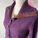 American Vintage Vintage 90s Purple Heathered Knit Button Cardigan Brown Suede Trim Womens Small Photo 3