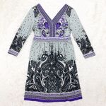 ECI  Grey Purple Printed 3/4 Sleeves Empire Waist Stretchy Dress Size Small Photo 0