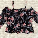 Olivaceous Black Pink Floral Cold Shoulder Flowy Puff Sleeve Romantic Blouse Photo 86