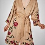 ZARA  Basic Womens Tan Embroidered Red Rose Floral Suede Kimono Coat Size XS Boho Photo 0