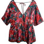 Entro Retro Y2K  Top Satin Deep V Neck Short Sleeve Red Pink Black Silky Top Sz L Photo 1