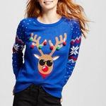 Ugly Christmas Sweater Bright Blue Reindeer Pom Pom Cozy Holiday Photo 0