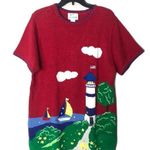 VTG Quaker factory nautical sailboat lighthouse embroidered pullover sweater Red Size M Photo 0