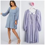 Anthropologie Blue Textured Dot Smocked Square Neck Long Sleeve Mini Dress Photo 1