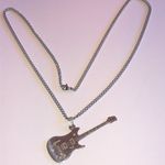 Silver Tone Huge Guitar Boho Pendant Necklace Photo 1