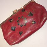 Vintage Leather Gold Tone Embossed Red Gilt Kiss Lock Clutch Purse Photo 2