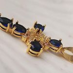 Gold Steel Cross Pendant Crystal Simulated Sapphire Stones and Virgin Mary Blue Photo 4