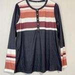 Women’s Long Sleeve Button Down Striped Henley Tee Blue & White Size Large NWOT Photo 0