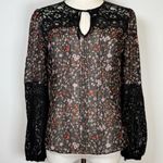 Rebecca Taylor ‘Lyra’ Red Floral Black Lace Pintuck Silk Blouse Women’s Size 00 Photo 3