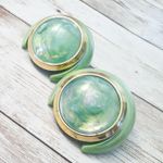 Vintage Clip On Earrings Light Green & Gold Tone Extra Large Statement Photo 3