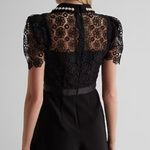 EXPRESS Daisy Eyelet Lace Rhinestone Color Embellishment Puff Sleeve Polo Romper Photo 1