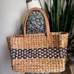 Vintage Woven Straw Tote Structured Boxy Market Bag Leather Handles Tan Photo 0