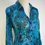 Laura Scott Blue Damask Printed Pleated Stretch Shirt Top Photo 1