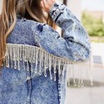 Paint the Town Large Rhinestone Jewel Fringe Acid Washed Denim Jacket Blue Photo 11