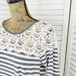 Umgee Striped Crochet Lace Shoulder Tee Shirt Dress Gray Ivory Medium Photo 4