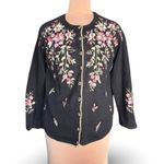 Black Dark Floral Embroidered Cardigan Sweater Ramie Cotton Button Front Large Photo 8