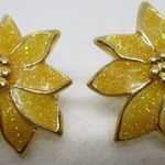Vintage Enamel Flower Earrings, Yellow and Gold Glitter Floral Orange Photo 0