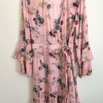 Pink Floral Long Sleeve Ruffle Wrap Dress S Photo 0