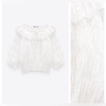 ZARA NWT  Women Off White Textured Tie Eyelet 3/4 Sleeve Slight Cropped Top Sz M Photo 1