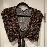 American Eagle  Size S Black Floral Cap Sleeve Front Tie Smocked Waist Crop Top Photo 0