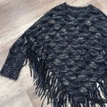 Frazzle Women's Eyelash Knit With Sleeve Fringe Poncho Sweater Black Blue Medium Photo 0