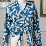 Haute Hippie  Cropped Front Tie Button Up Top Blue White Abstract Linen Blend M Photo 0