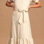 Lulus LULU’S Love Me Sweeter Peach Gingham Puff Sleeve Midi Dress Photo 0