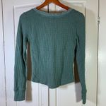 Pink Rose Long Sleeve Waffle Knit Henley Top Green Size Small Distressed V-Neck Photo 1