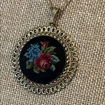 Gold Tone Pendant Necklace with Petit Point Embroidered Floral Design Photo 1