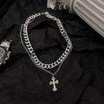Double Layer Titanium Steel Cross Pendant Necklace for Men Women,Punk Hip Hop Silver Photo 1