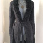 Whimsygoth grey black faux fur collar belted long cardigan long sleeve Photo 0
