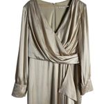 Mac Duggal Champagne Gold Long Sleeve Faux Wrap Slit Satin Evening Gown Size 12 Photo 6