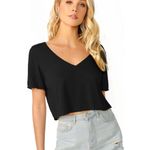 Verdusa Women's Solid V Neck Crop T Shirt Top Causal Short Sleeve Tee Top Size S Black Photo 0