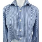 Reiss  Blue White Striped Button Up Collar Long Sleeve Crop Shirt Blouse Top Sz L Photo 1