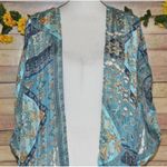 Umgee Ladies S/M Sheer Aqua Blue & Gold Pretty Print Open Front Kimono Cardigan Photo 1