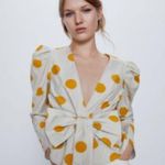 ZARA  Blue Green Big Spotty Print Bow Long Sleeve Blouse Size XS Photo 2