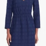 J.Crew  Navy Blue Cotton Eyelet Dress V Neck 3/4 Sleeve Scalloped‎ Hem Women's 14 Photo 0