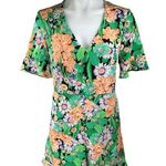 Sandro Eudelin Green 100% Silk Multicolor Floral Short Sleeve Romper Shorts Sz 4 Photo 0