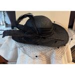 Vintage Accessory Lady Black Straw Hat Veil Feather Detail Wide Brim 13.5" Photo 4