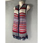 Red White Blue‎ Boho Striped Knit Fringe Vest Women’s M Open Front Layering Size M Photo 4