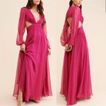 Mac Duggal Ieena Hot Pink A Line Cut Out V Neck Back Long Sleeve Maxi Dress Sz 6 Photo 1